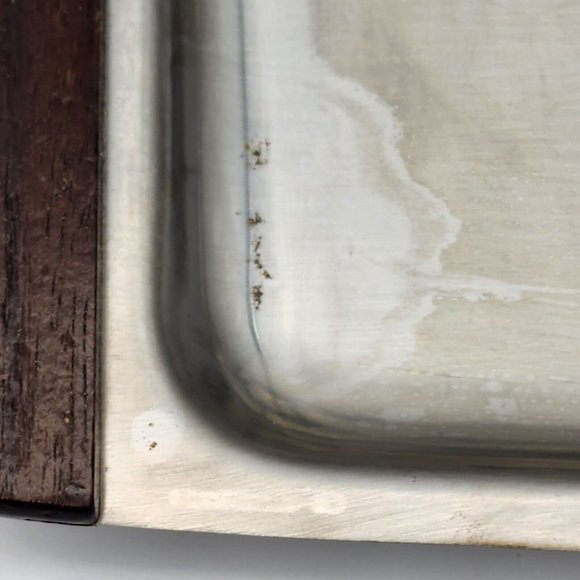 Vintage Teak and Chrome Cheese Tray w/ stylized Fruit Tile Magnetic Knife - Picture 6 of 7